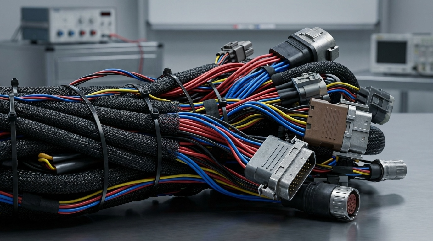 자동차 내부의 복잡한 전선 뭉치를 나타내는 와이어링 하네스 구조