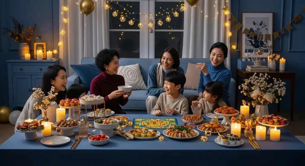 2026년 새해 홈파티를 위한 상차림. 감바스, 핑거푸드, 신선한 샐러드, 따뜻한 떡국 등 쉽고 맛있는 음식들이 초록색과 주황색 장식과 함께 아늑하고 먹음직스럽게 놓여있고 친지들과 즐거운 파티 중.