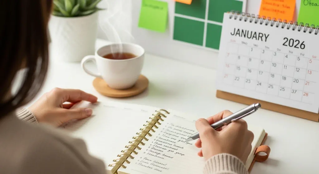 한 사람이 2026년 새해 목표를 다이어리에 신중하게 작성하고 있다. 옆에는 따뜻한 차가 놓여 있고, 주황색과 초록색 소품으로 꾸며진 책상에서 한 해 계획을 세우는 차분하고 생산적인 분위기를 보여준다.