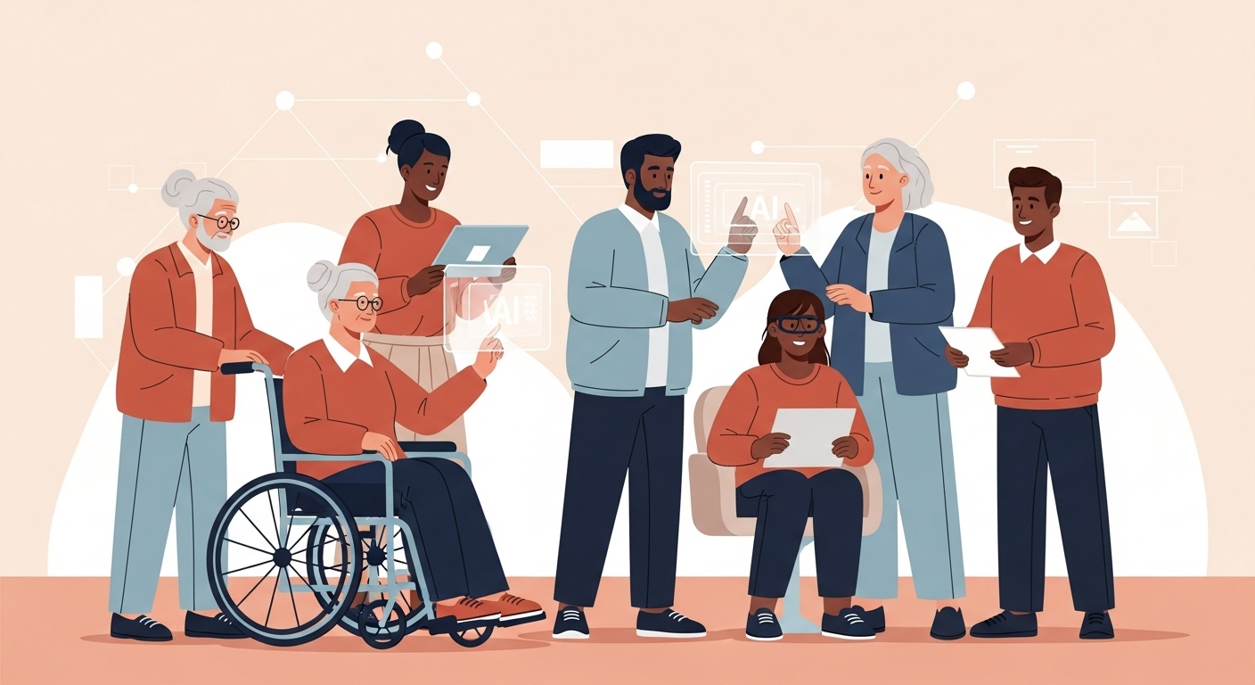 다양한 연령과 능력을 가진 사람들이 AI 인터페이스와 상호작용하며 포용적인 인공지능 미래를 만들어가는 모습