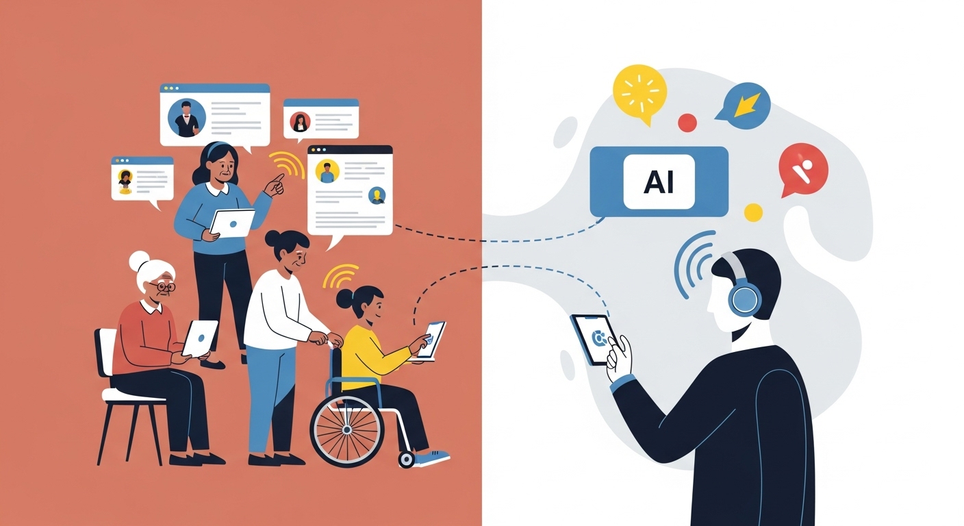 디지털 격차를 상징하는 이미지. 복잡한 디지털 기기를 어려워하는 다양한 사람들과 이를 쉽게 연결해주는 포용적인 AI 인터페이스를 대비하여 보여준다.