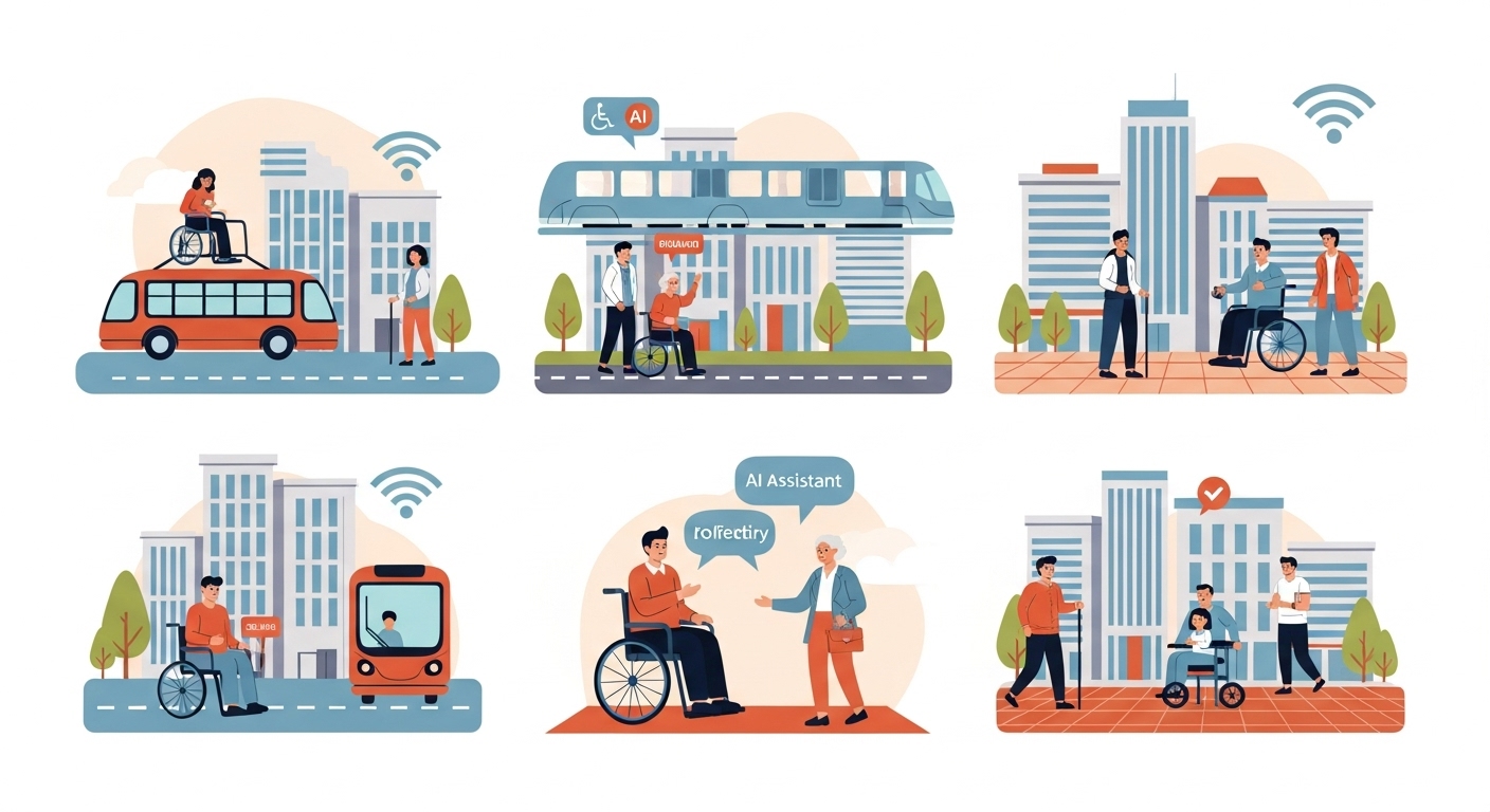 AI 기술이 모든 시민, 특히 취약계층을 지원하며 조화롭게 통합된 미래 스마트 도시의 모습.