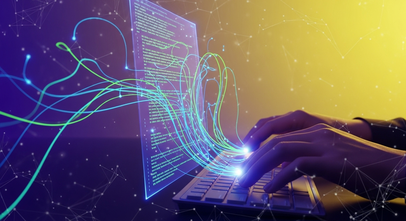개발자의 손이 키보드 위에서 빛나는 코드를 입력하는 모습. 보라색과 노란색 배경에 코드가 끊임없이 흐르며 효율적인 개발 과정을 상징한다.