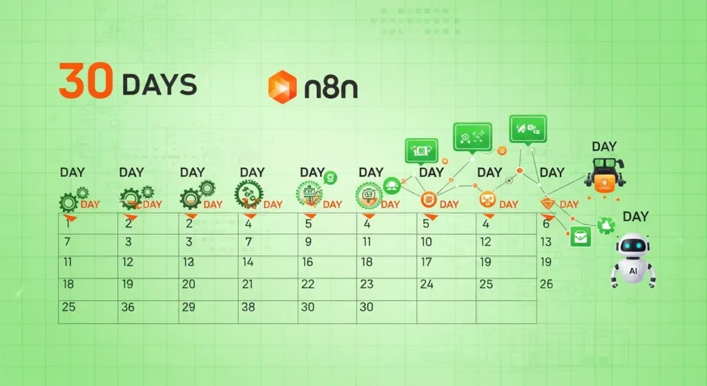 n8n 30일 로드맵을 시각적으로 표현한 일러스트.