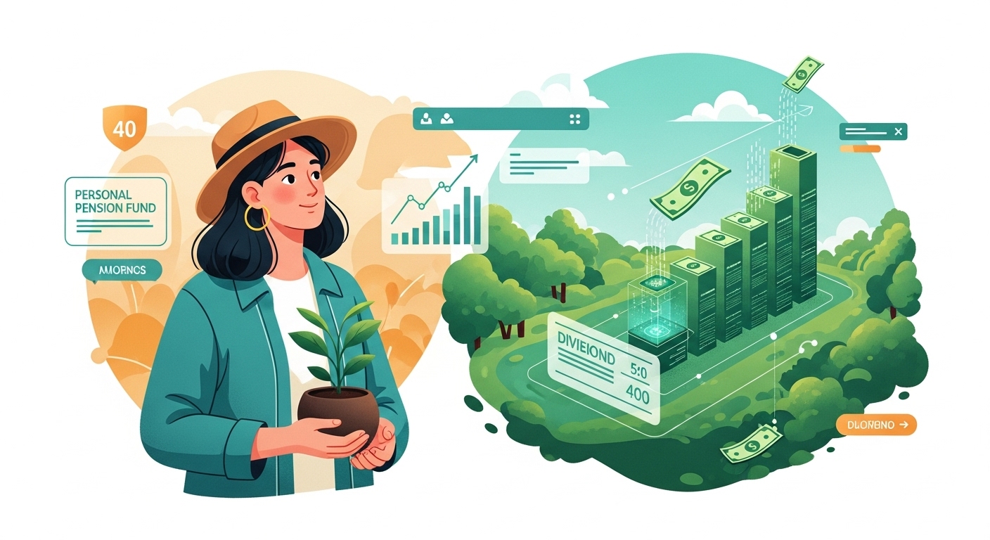 40대 투자자가 배당주 투자로 안정적인 연금 자산을 구축하며 여유로운 노후를 준비하는 모습을 표현한 이미지. 성장하는 금융 그래프와 풍요로운 미래가 조화롭게 그려져 있습니다.
