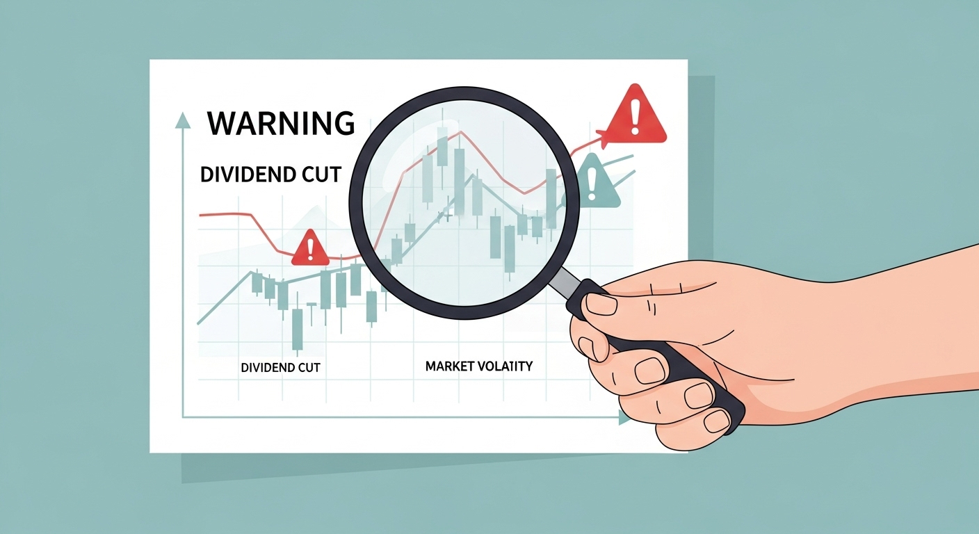 배당주 투자의 잠재적 위험 요소들(배당 삭감, 시장 변동성)을 돋보기로 자세히 살펴보는 손을 묘사한 이미지. 신중한 투자의 중요성을 강조합니다.