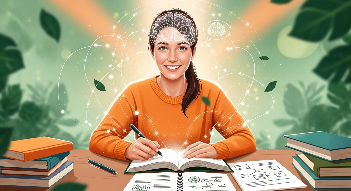 뇌를 이해하고 능동적으로 학습하는 사람의 모습, 메타인지 학습법을 상징하는 밝고 지적인 분위기