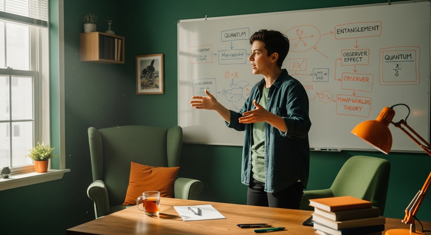 가상의 친구에게 공부한 내용을 열정적으로 설명하는 사람, 메타인지 학습의 설명 효과를 보여주는 이미지
