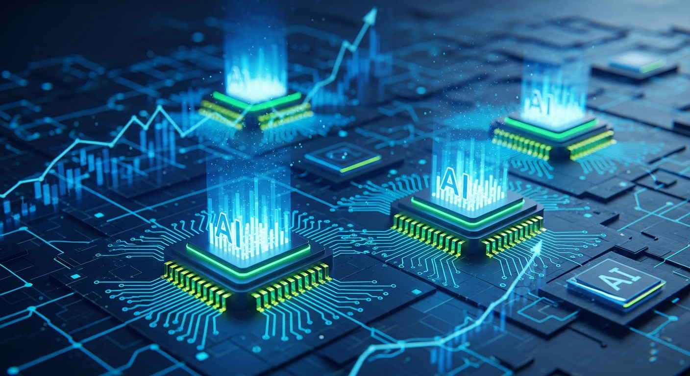 푸른빛 인공지능 반도체 칩들이 복잡한 네트워크에 연결되어 혁신과 성장을 상징하는 모습, 세미파이브 코스닥 상장을 암시.