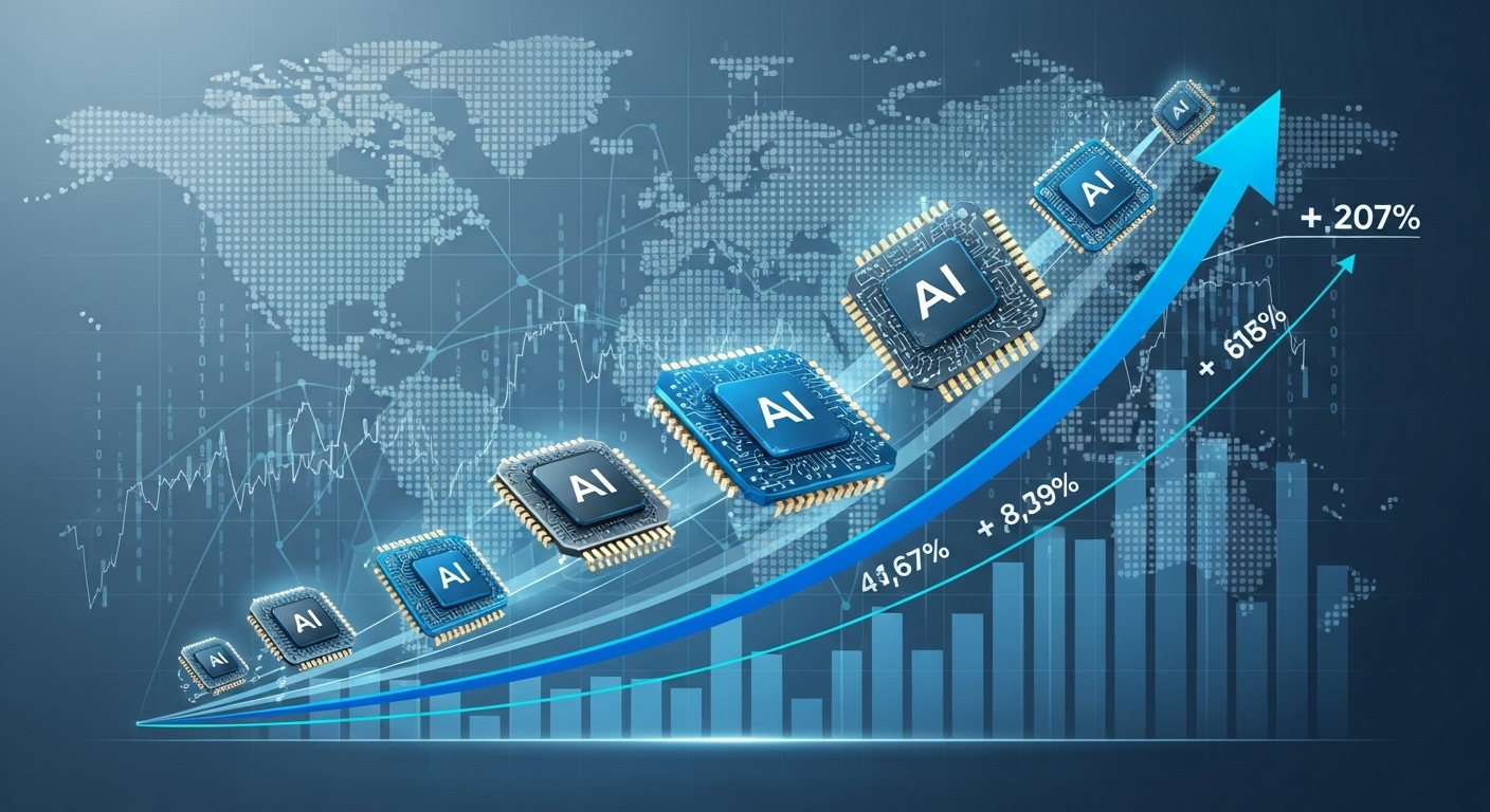AI 반도체 시장의 가파른 성장세를 보여주는 주식 차트와 상승하는 AI 칩 아이콘.