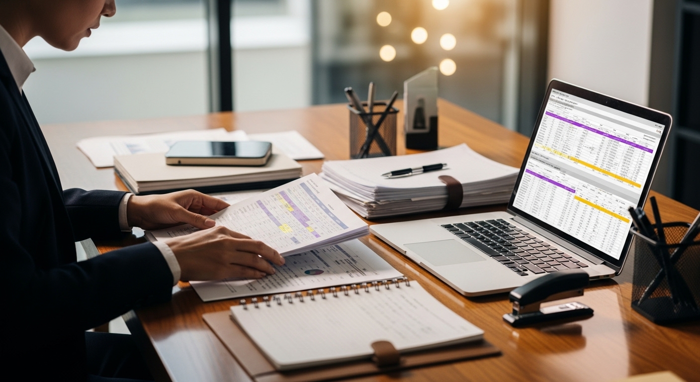 성과 자료와 시장 데이터를 정리하며 연봉 협상을 준비하는 모습.