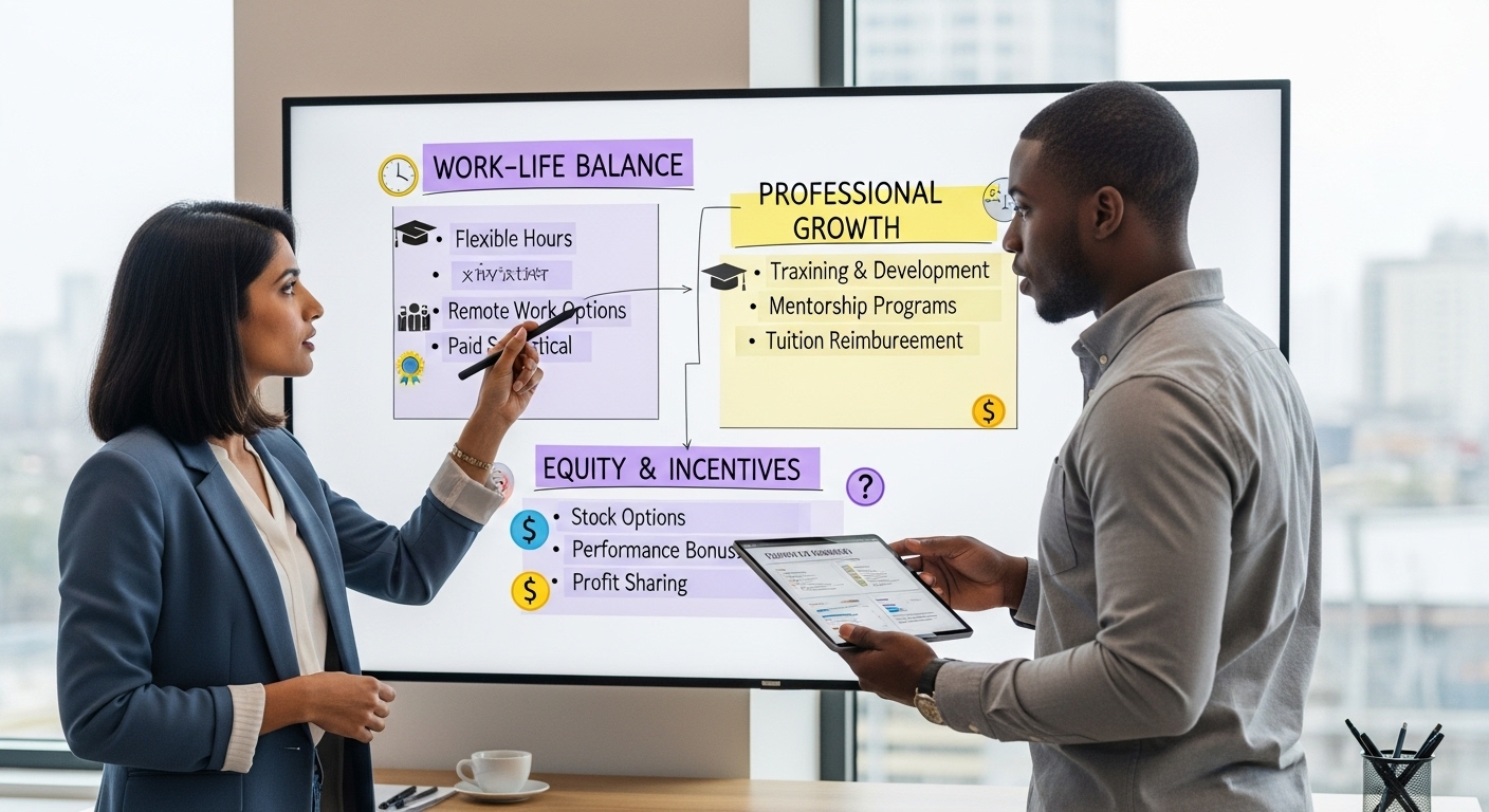 유연근무, 교육 지원 등 비금전적 복지 혜택을 논의하는 직장인들.