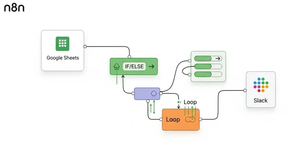 구글 시트와 슬랙이 연결된 n8n 워크플로우 이미지.