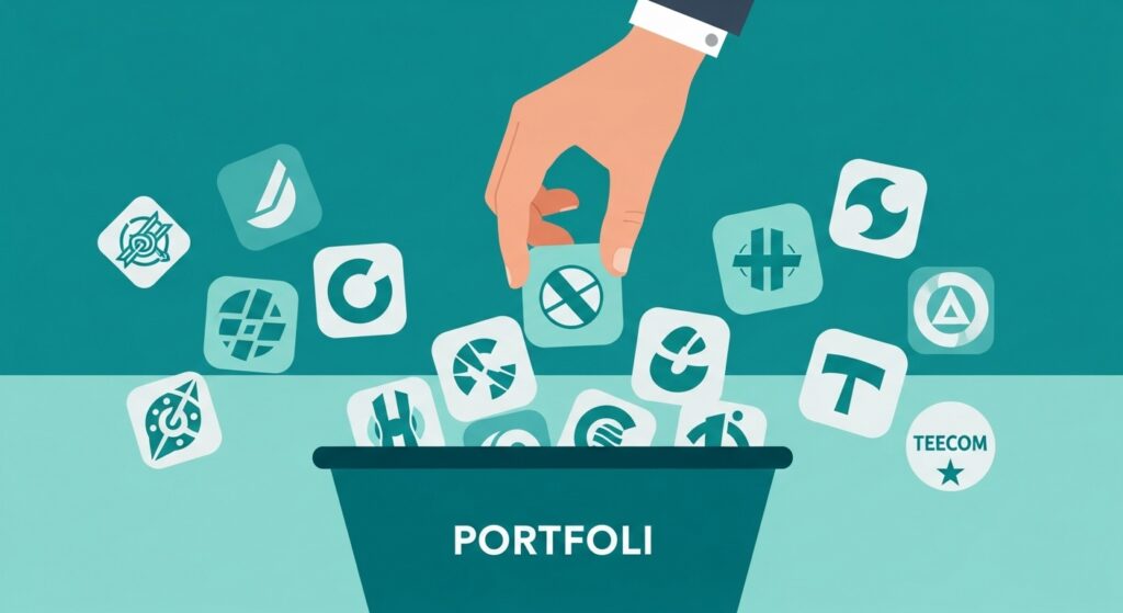 다양한 산업 분야의 기업 아이콘들이 조화롭게 배치된 배당 포트폴리오 분산 투자를 상징하는 이미지. 안정성과 균형을 강조합니다.