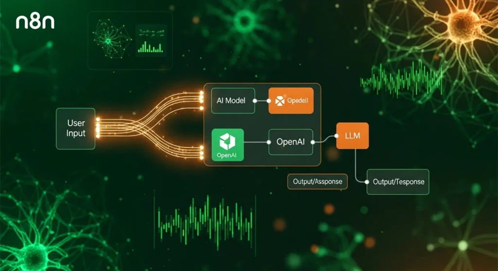 n8n 워크플로우가 OpenAI 같은 LLM과 연결되어 AI 비서를 구축하는 모습을 추상적으로 표현한 이미지.