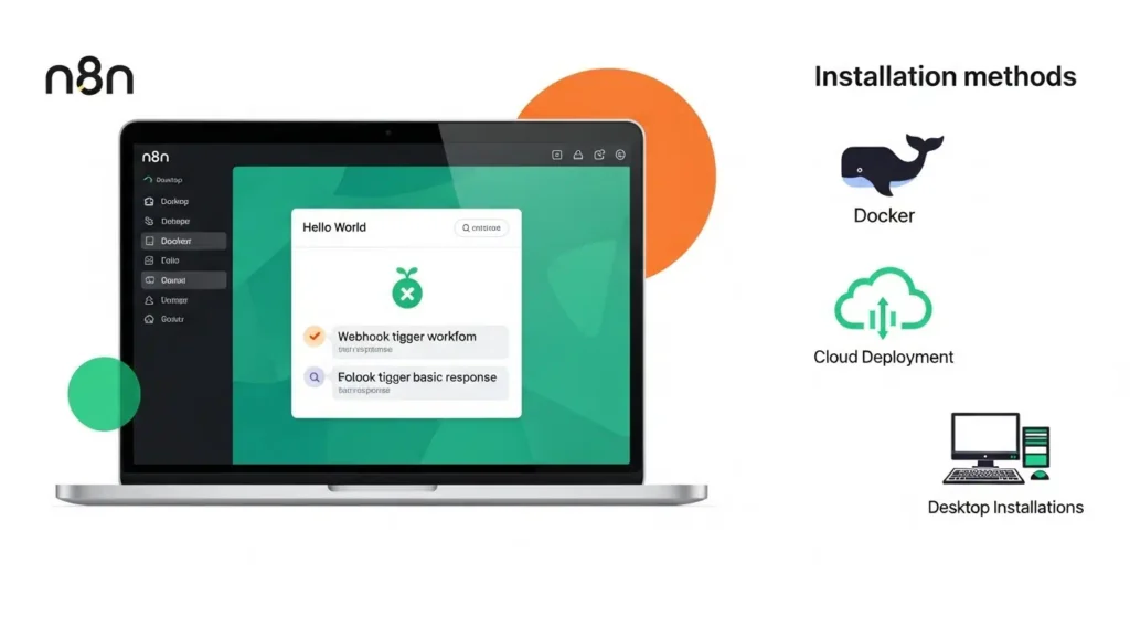 n8n 데스크톱 앱과 도커, 클라우드 등 다양한 설치 방법을 나타내는 이미지.