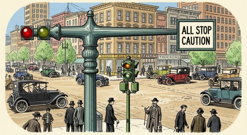 1923년 가렛 모건이 발명한 T자형 삼색 신호등이 1920년대 미국 도시 교차로에 설치된 모습