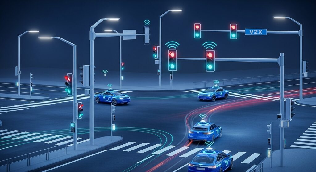 2025년 스마트 시티의 지능형 신호 시스템이 실시간 교통 흐름에 맞춰 작동하는 미래 교차로의 모습