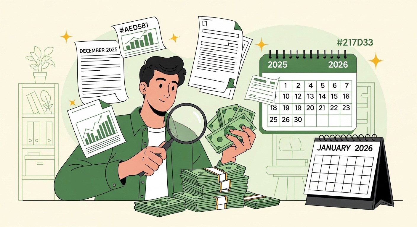 웃으며 돋보기로 돈을 보고 있는 사람이 연말정산 환급금을 성공적으로 되찾은 모습. 주변에는 디지털 서류와 2025년 12월, 2026년 1월이 표시된 달력이 있다.