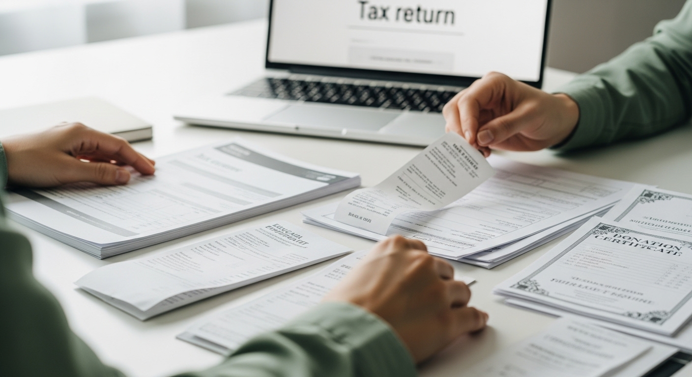 연말정산 서류(의료비, 교육비, 기부금 영수증)를 꼼꼼하게 정리하는 손과 노트북 화면.