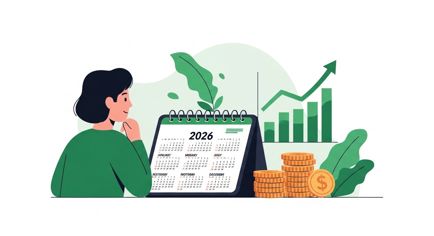 태블릿에 표시된 2026년 달력을 보며 재정 계획을 세우는 사람, 옆에는 동전과 상승하는 그래프가 놓여있다.