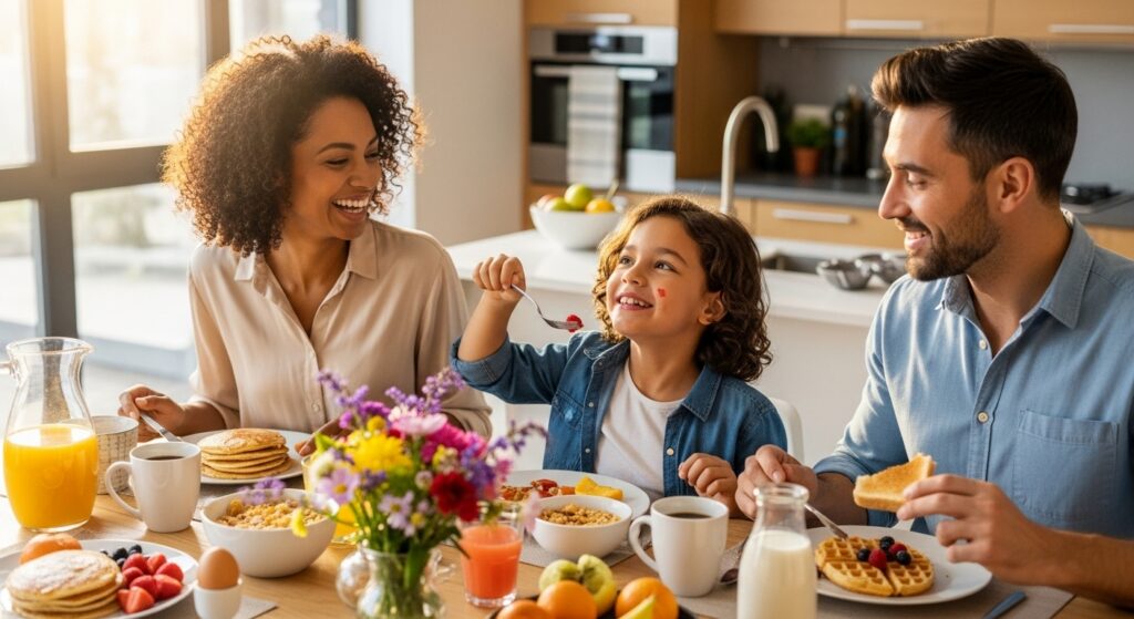 육아기 10시 출근제로 여유로운 아침 식사를 하는 행복한 가족의 모습