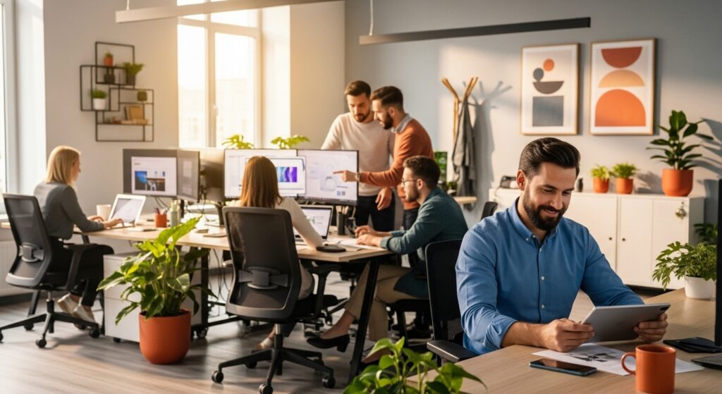 육아기 10시 출근제 도입으로 직원 만족도가 높아지고 생산성이 향상된 활기찬 사무실 풍경