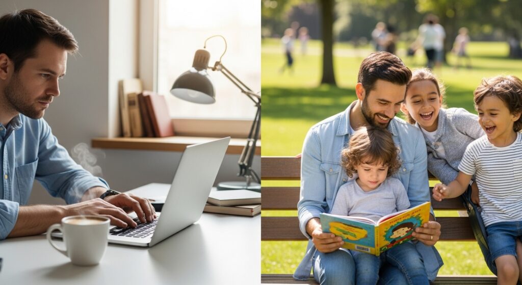 워킹맘/대디가 효율적인 업무와 행복한 자녀와의 시간을 동시에 보내는 모습