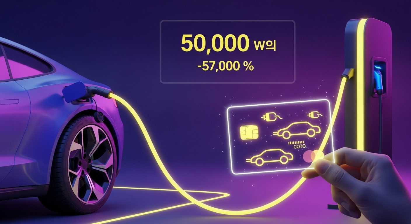 미래형 전기차 충전소에서 전기차가 충전되고 있으며, '월 5만원' 충전을 상징하는 전기차 할인 카드가 전경에 강조되어 비용 절감과 효율성을 나타냅니다.