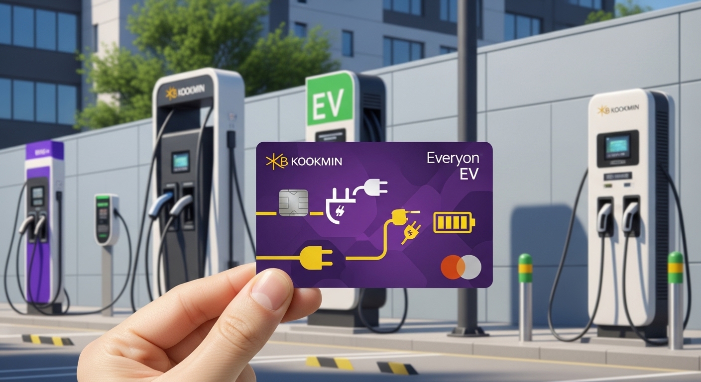 다양한 전기차 충전소 배경 위에 KB국민 에브리온 EV카드가 강조되어, 모든 충전소에서 폭넓게 할인 혜택을 받을 수 있음을 상징합니다.