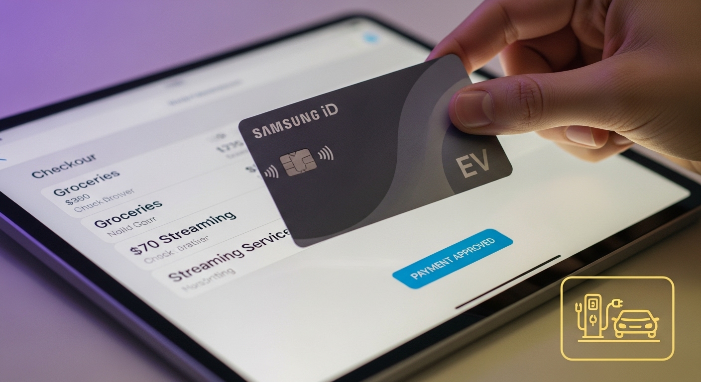 삼성 iD EV카드로 일상생활 지출을 결제하는 모습과 전기차 충전 아이콘이 함께 보여, 충전비와 생활비 할인을 동시에 얻는 다재다능한 혜택을 나타냅니다.