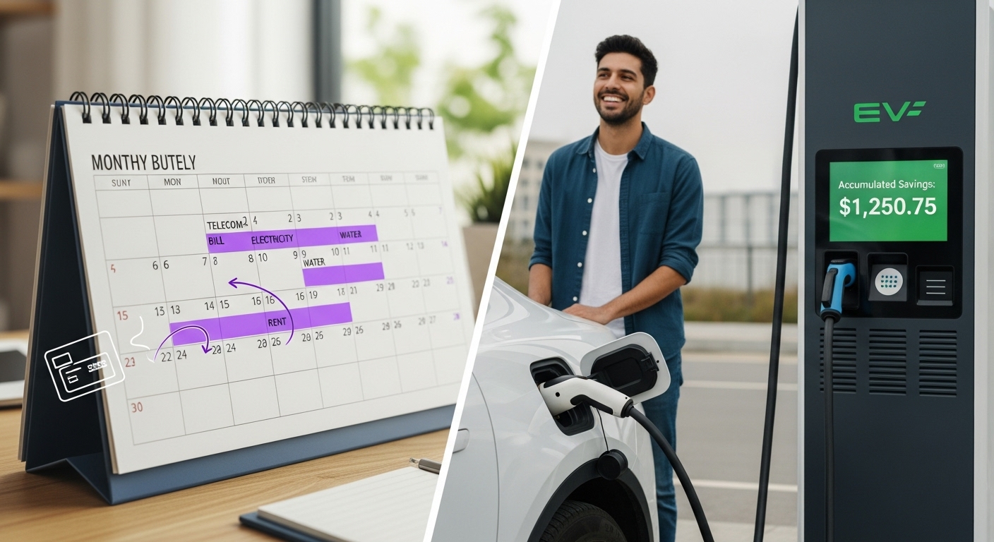 한쪽에는 자동이체 설정된 달력과 고정 지출이, 다른 쪽에는 전기차 충전 중인 모습이 보여, 전월 실적을 스마트하게 관리하며 충전비를 절약하는 노하우를 시각적으로 보여줍니다.