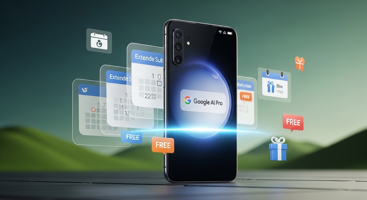 갤럭시 S25 스마트폰 화면에 구글 AI Pro 로고가 보이며, 6개월 이상 무료 사용을 암시하는 프로모션 아이콘들이 주변에 떠있는 모습.