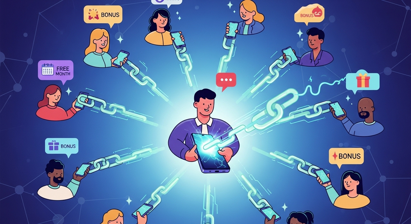 여러 사람이 서로 초대 코드를 공유하여 구글 AI Pro 추가 무료 혜택을 받는 모습을 표현한 그림.