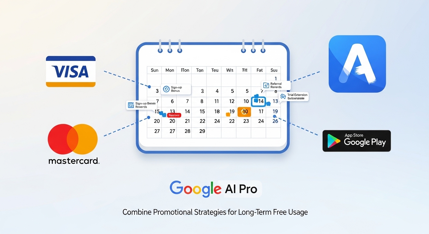 카드사, 앱 스토어, 프로모션 캘린더 아이콘이 구글 AI Pro 무료 연장을 위한 다양한 전략을 나타내는 인포그래픽.