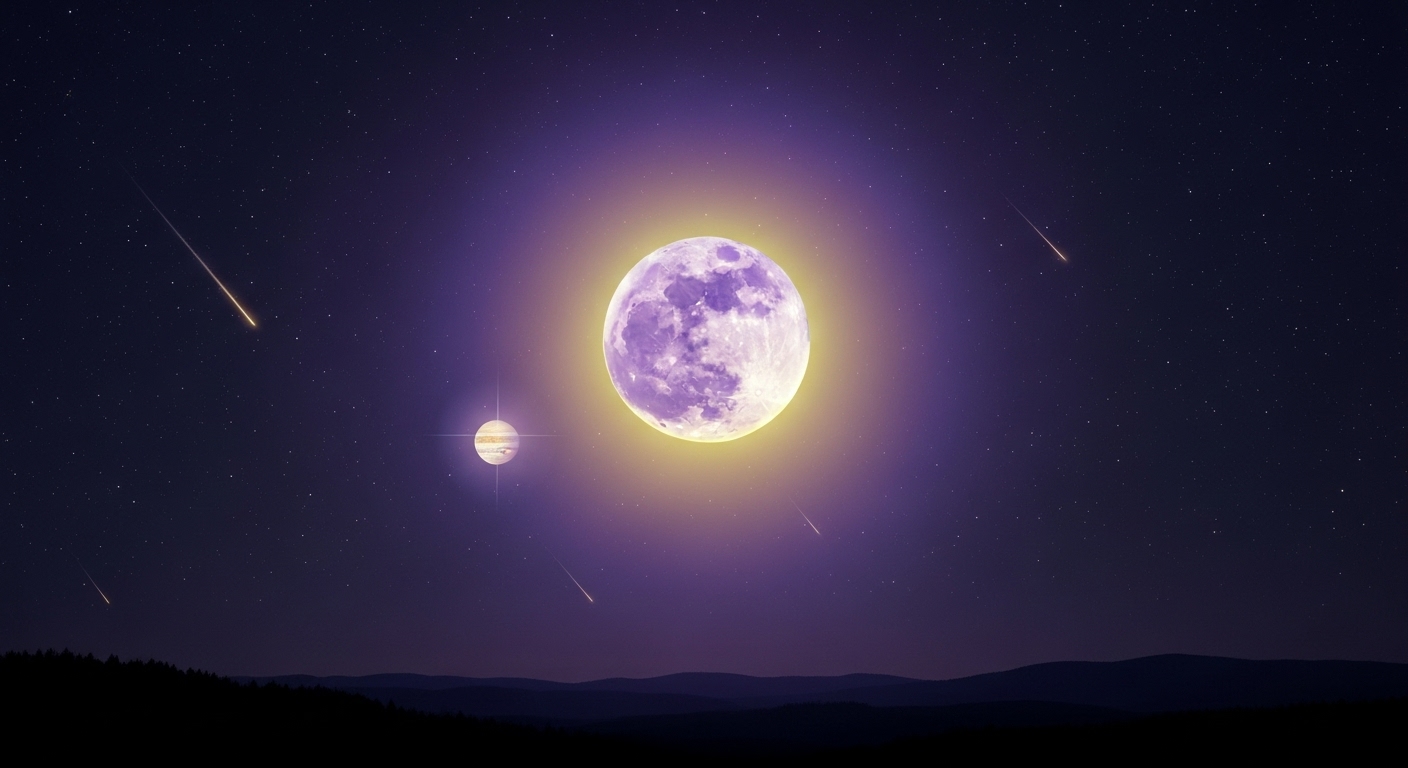 2026년 첫 슈퍼문, 리퐁의 만월이 밝게 빛나고 그 옆으로 목성이 보이며, 밤하늘에 유성우가 쏟아지는 장엄한 풍경. 보라색과 노란색의 아름다운 색감.