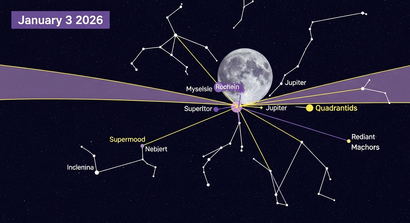 2026년 1월 3일 밤, 슈퍼문, 목성, 사분의자리 유성우의 위치를 보여주는 천문 관측 지도. 보라색과 노란색 톤으로 표현.