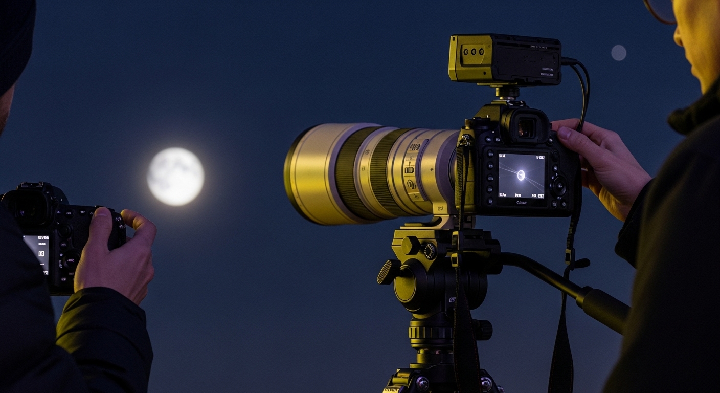 삼각대에 망원 렌즈를 장착한 카메라가 슈퍼문을 향해 설치된 모습. 밤하늘 천체 사진 촬영을 위한 장비 세팅.