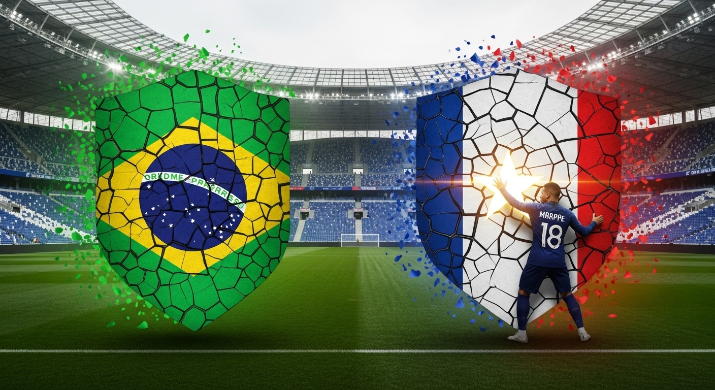 브라질의 불안정한 수비와 프랑스의 음바페 의존도를 상징하는 균열된 방패와 조각난 국기 이미지