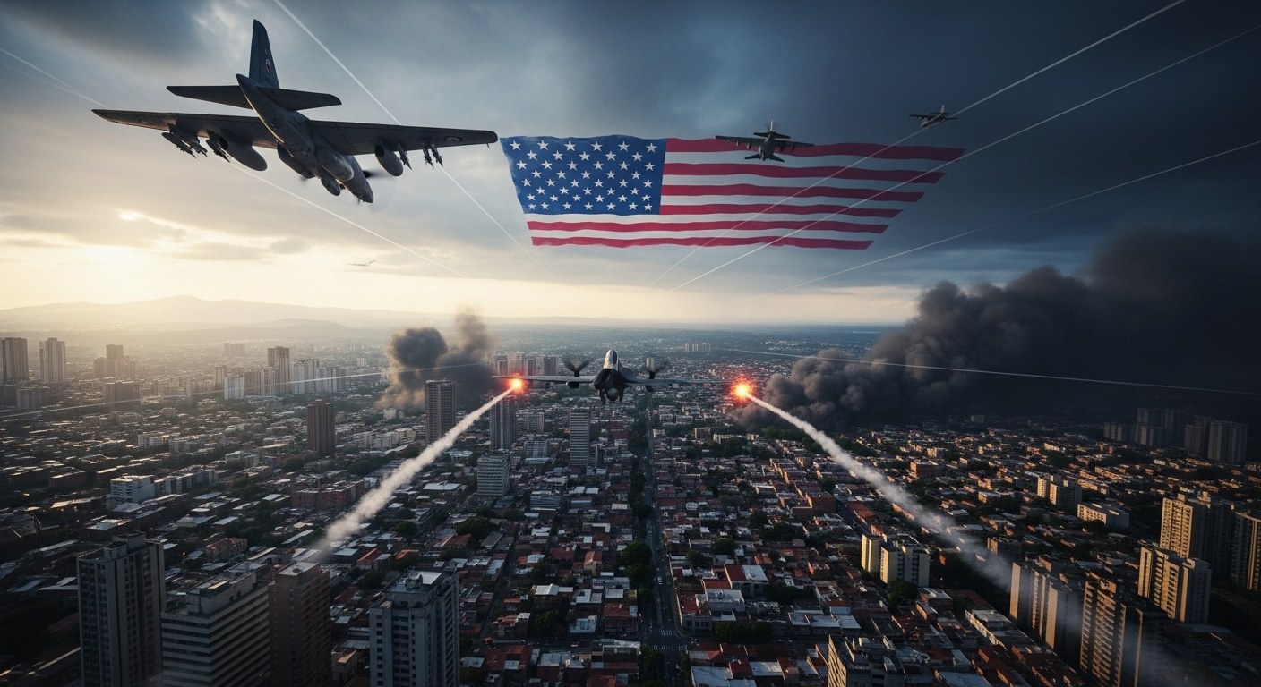미국 공습으로 긴장이 고조된 베네수엘라 카라카스 상공을 배경으로, 어둠 속에서 번개처럼 작전이 펼쳐지는 모습. 멀리 보이는 미국 국기가 국제적 갈등의 심각성을 암시합니다.