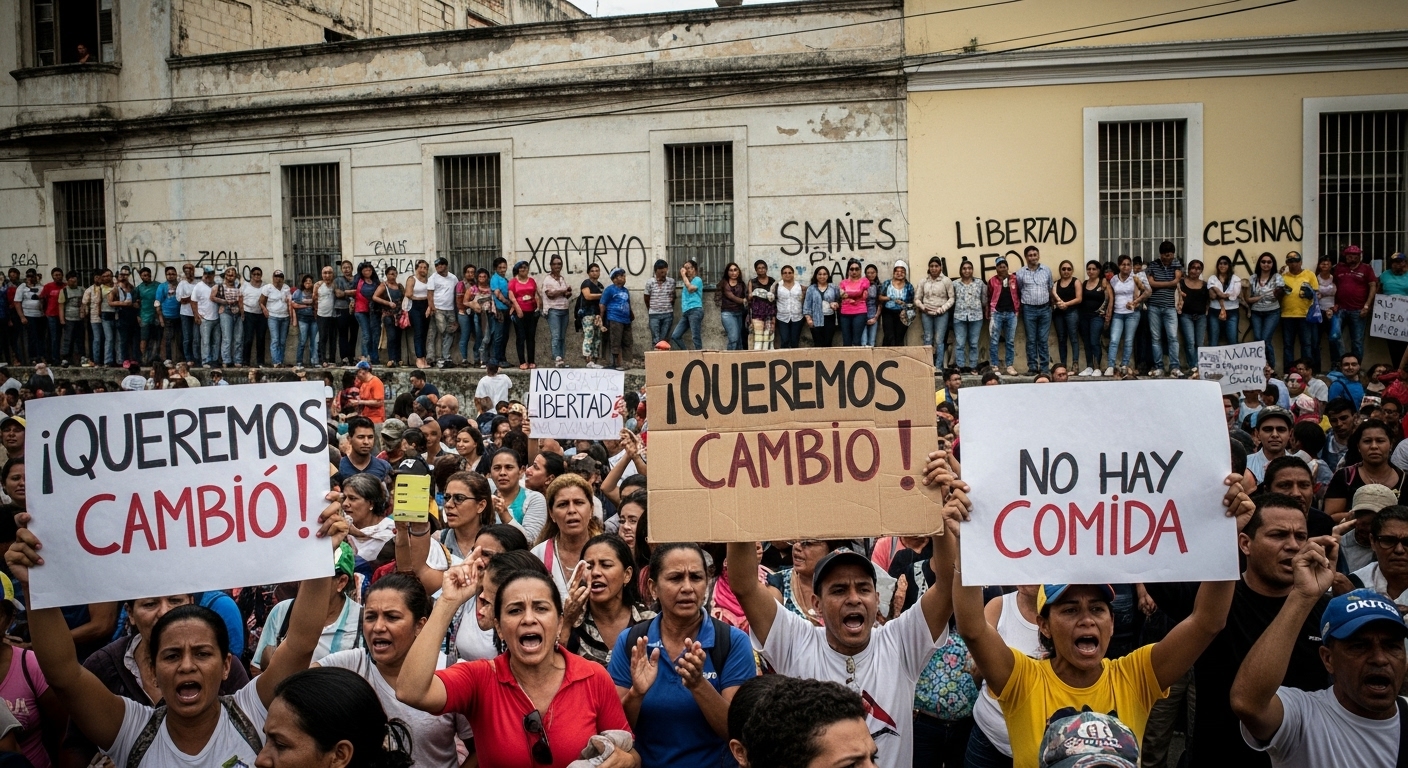 베네수엘라 카라카스의 거리 풍경. 경제난과 사회 불안 속에서 시민들이 반정부 시위를 벌이고 있으며, 절박함과 저항 의지가 교차하는 모습입니다.