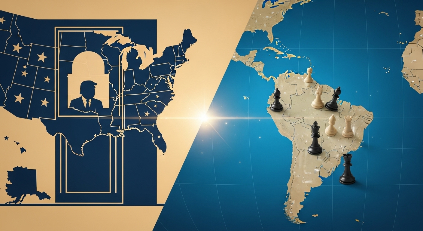 미국 내 정치적 표심과 남미 지정학적 전략을 동시에 보여주는 분할 이미지. 트럼프 전 대통령의 국내외적 복합적인 계산을 상징합니다.